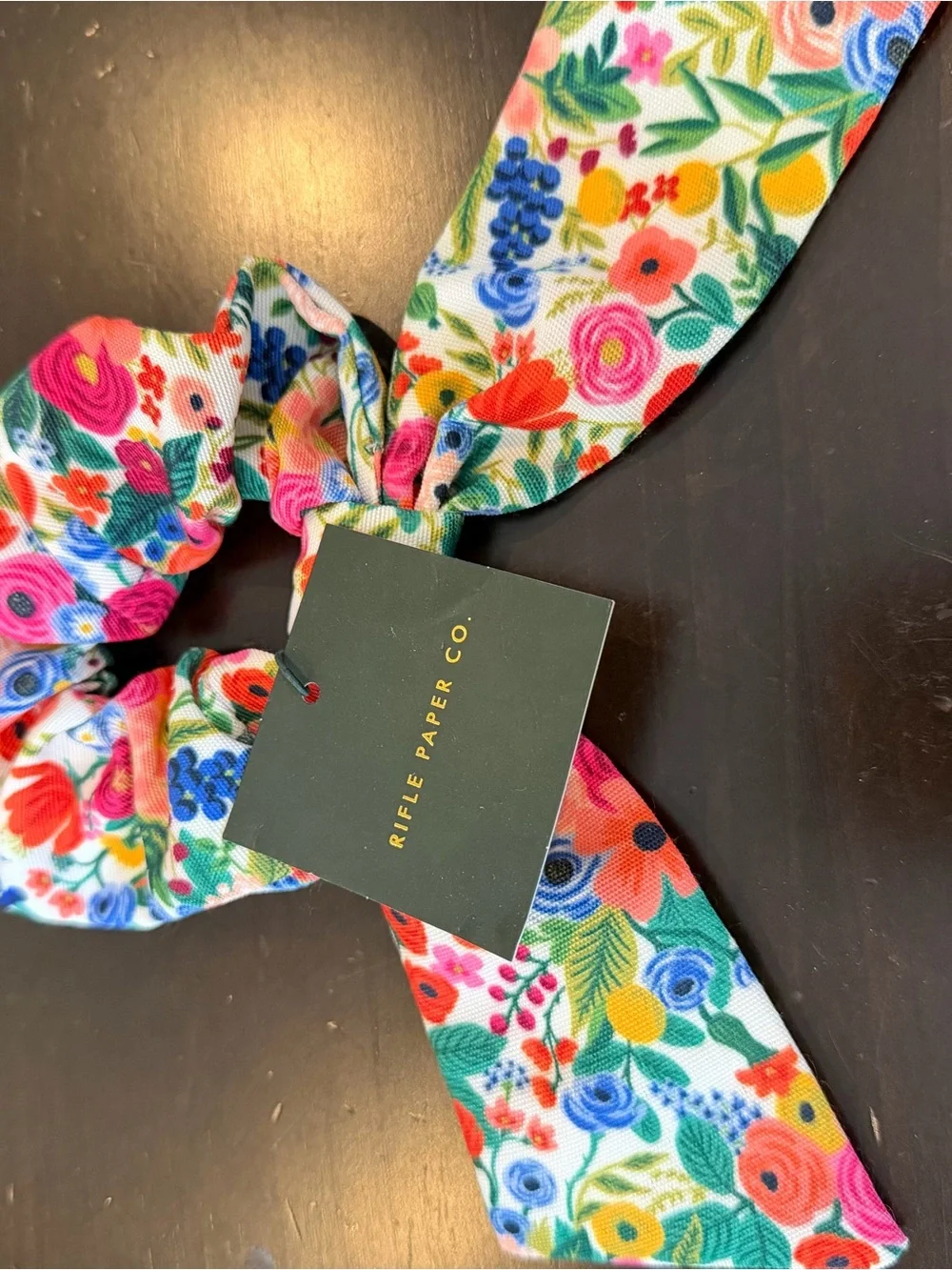Rifle Paper Co. Floral Bow Scrunchie in White with Multicolor Blooms